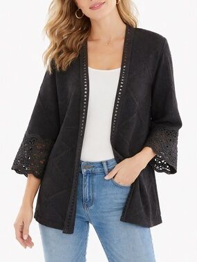 Chico's Women's (1) M/8 Black 3/4 Sleeves Lace Trim Open Neck Cardigan EUC